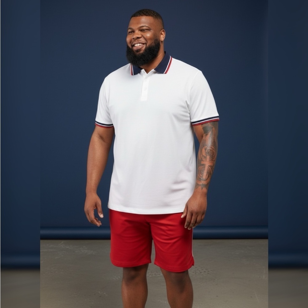 White Polo Shirt with Navy collar Red Trim & Red shorts with White Trim set